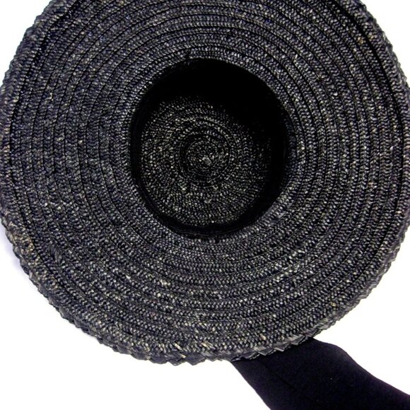 Vintage Large Black Straw Picture Hat with Red Straw Roses and Streamers - Picture 4 of 4